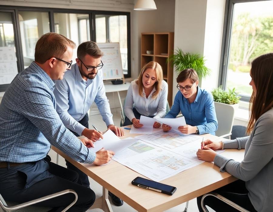Consultants reviewing property documents and site plans together