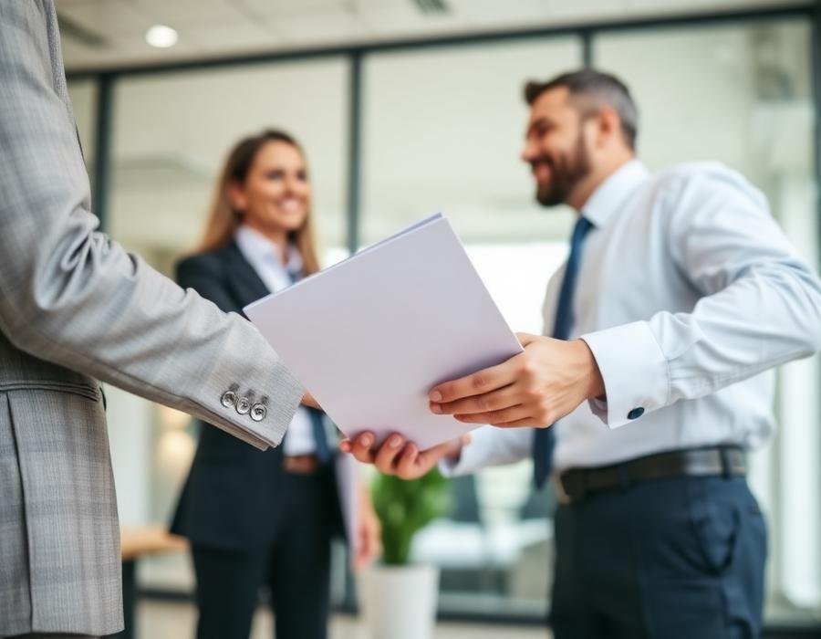 Two professionals shaking hands while exchanging a document folder